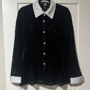 VENUS Elegant Black Lace Blouse with White Accents